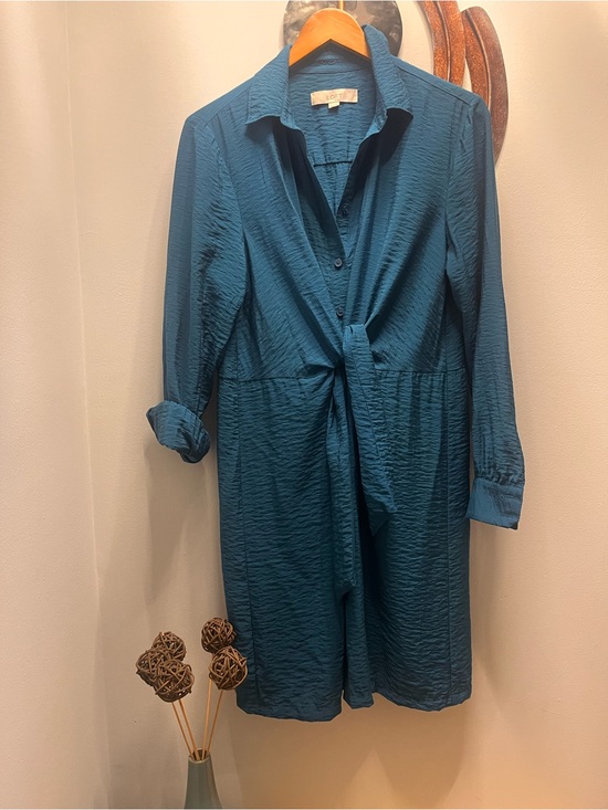 LOFT Dresses & Skirts - LOFT Teal Textured Tie-Front Long Sleeve Dress 6